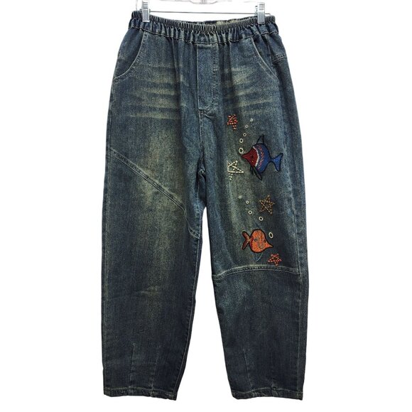 Vintage Denim Embroidered Fish Pattern Elastic Waist Cropped Pants Size S - Picture 1 of 8